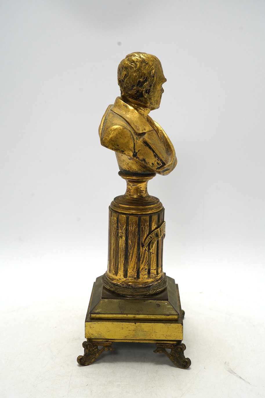 An early 20th century gilt metal bust of Sir Walter Scott on pedestal, 34cm. Condition - fair to good